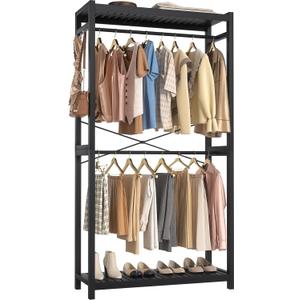 Homykic Bamboo Clothes Rack with Shelves and Double Hang Rods, Portable Closet System Garment Rack for Hanging Clothes, 34W x 79H Clothing Rack Organizer for Walk In Closet Corner Laundry, Black