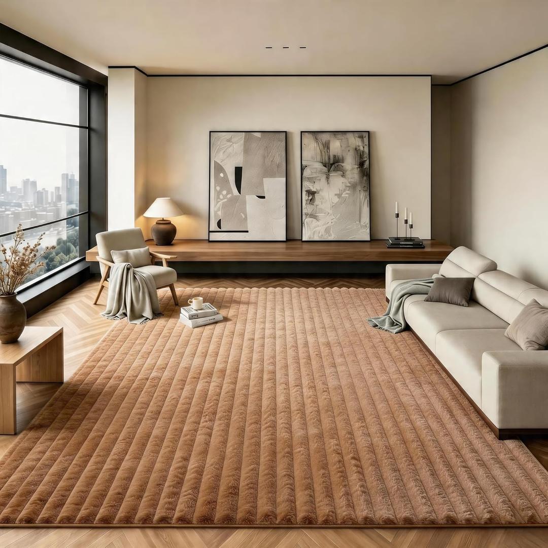 Coffee Rabbit Striped Plush Rug 8'x10', Fluffy Shaggy Area Rug for Nursery & Kids Room, Faux Fur Carpet for Girls Bedroom, Living Room, Teen Decor