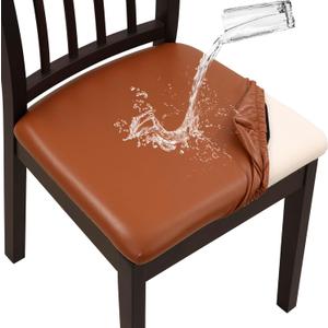 YISUN Chair Seat Covers Set of 4, Pu Leather Waterproof Dining Room Chair Covers, Stretch Chair Cover for Dining Room Chair Protector Slipcover for Kitchen, Hotel (Pu Light Brown, 4)