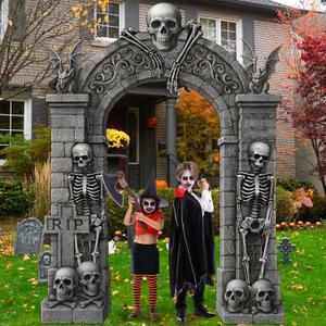 Funrous Halloween Skeleton Party Decorations Scary Tombstones Door Banner Creepy Bats Porch Signs Graveyard Photo Booth Props Backdrops for Halloween Gothic Outdoor Indoor Haunted House Decor Supplies (Black)