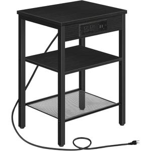 HOOBRO End Table with Charging Station and USB Ports, 3-Tier Nightstand with Adjustable Shelf, Small Side Table for Small Space in Living Room, Bedroom and Balcony, Black BB112BZ01