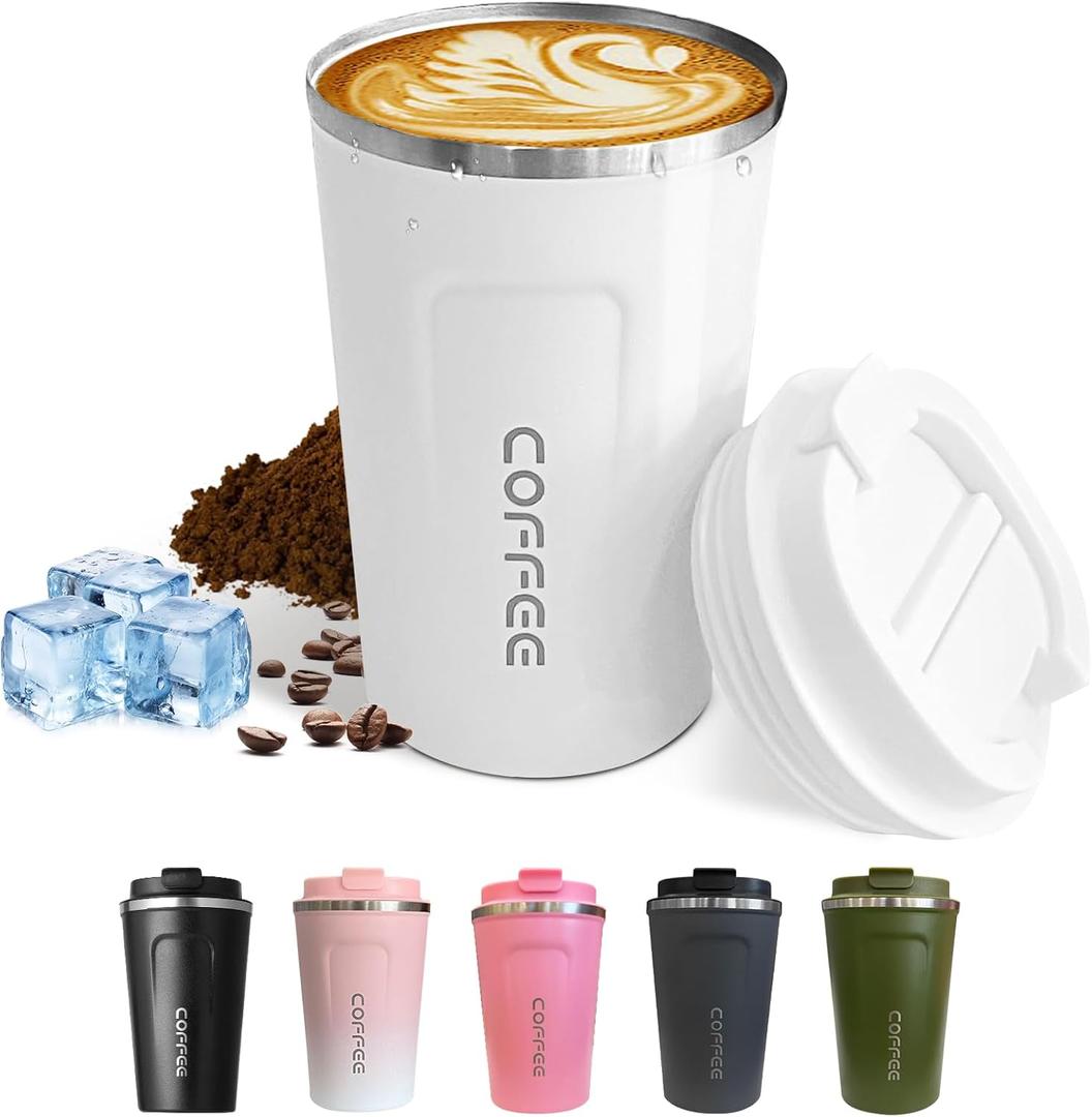 Travel Coffee Mugs Leak-Proof, Reusable Coffee Cups with Lids, Stainless Steel Vacuum Insulated Coffee Tumblers, Thermal Insulation Cups for Men and Women Hot & Cold Drinks(2nd-White, 17OZ)