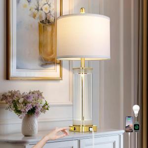 28" Gold Glass Table Lamp Single with Night Light, Modern Bedside Lamp with USB C+A Charging Ports, Nightstand Lamp for Living Room, Glass Lamps for Bedroom End Table Office, Bulbs Included, 1Pack