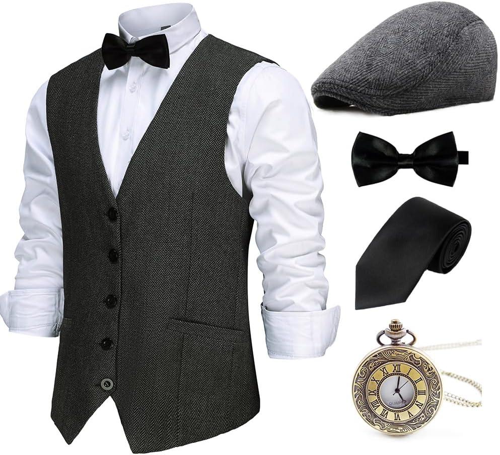 Gionforsy 1920s Mens Costume Gatsby Gangster Vest Fedora Hat Suspenders Bow Tie Costume Accessories Set (Black)
