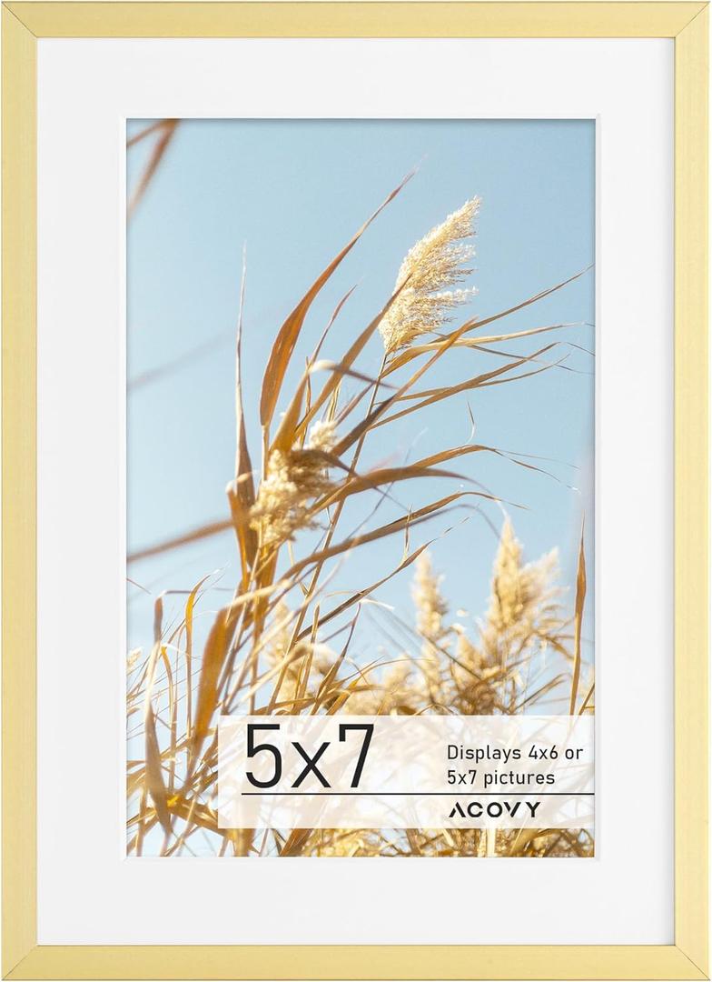 5x7 Picture Frame, Aluminum 5x7 Frame Matted to 4x6, 5x7 Photo Frame with High Definition Plexiglass, Metal 5x7 Frame for Wall or Tabletop Display, Wall Hook Included (Gold, Pack of 1)