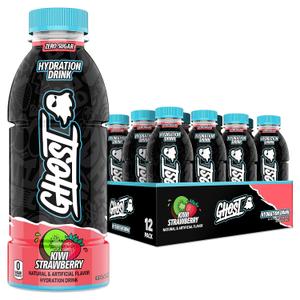 GHOST Hydration Drink, Kiwi Strawberry- RTD Sports Drink with Electrolytes, Natural Vitamins & Minerals - All Day Lifestyle Hydration Beverage - Zero Caffeine & Zero Sugars - 16.9 Fl Oz, 12 Pack (EXP 09/30/26)