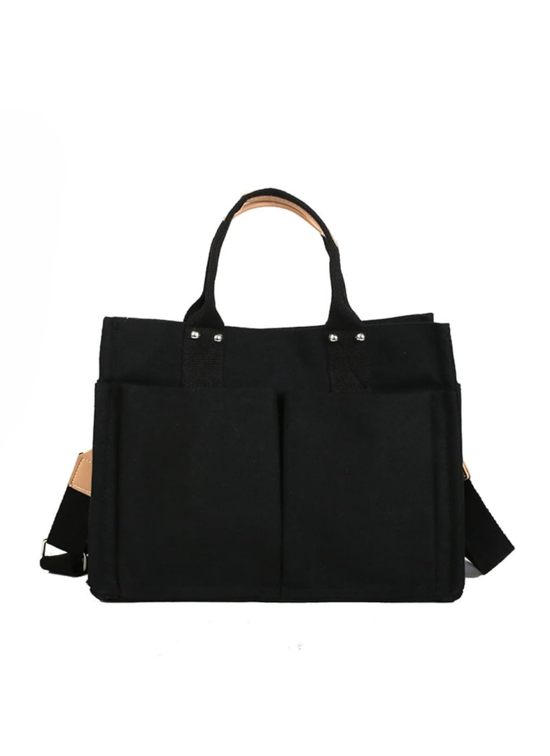 Minimalist Plain Canvas Shoulder Bags with Pockets Everything Tote Bag Clean Aesthetic Crossbody Tote Bag