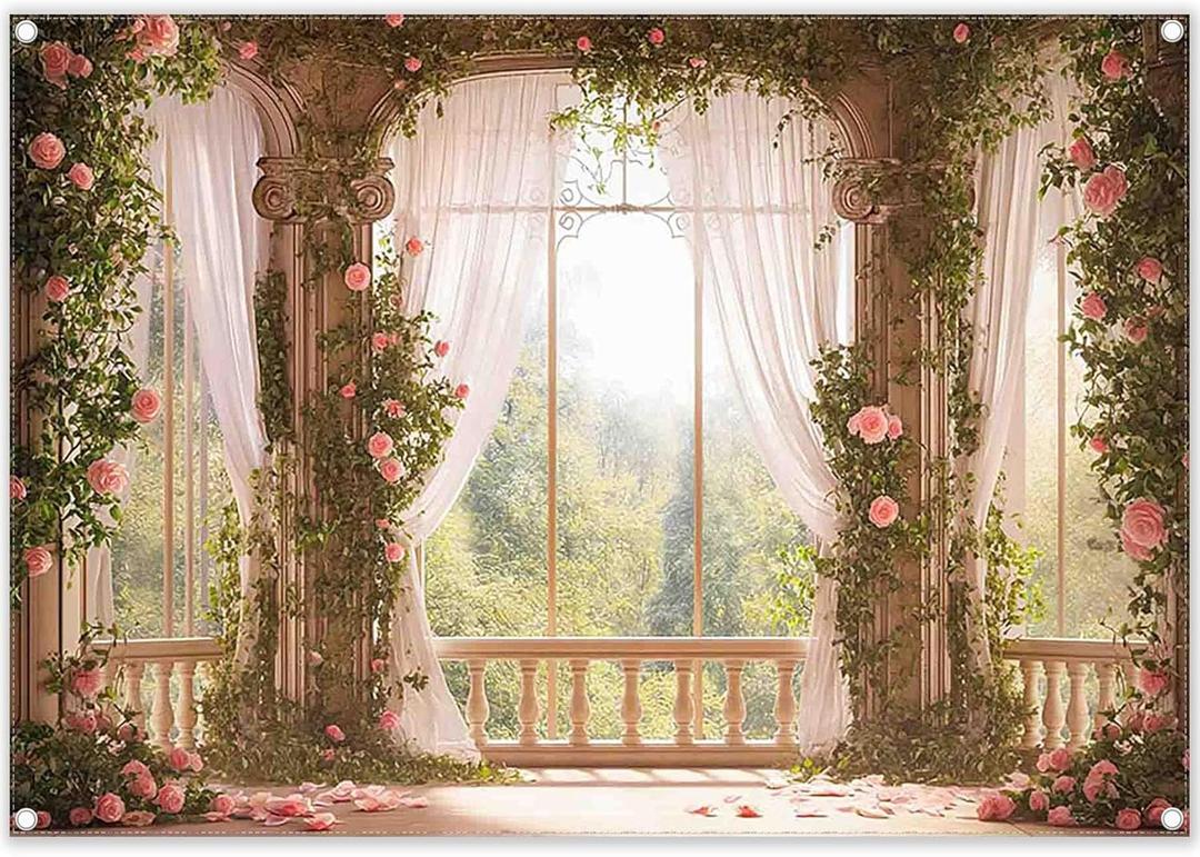 7x5ft Fabric Spring Window Scenery Photography Backdrop Pink Floral Green Forest Background Wedding Bridal Shower Newborn Party Decorations Photo Booth Props