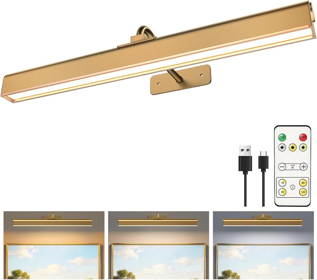 Picture Light for Wall, 5000mAh Rechargeable Cordless Wall Light,15.8'' Dimmable 3 Color Temperatures Magnetic Poster Light with Controller and Timer for Gallery, Living Room, Hallway（Gold）