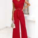 PRETTYGARDEN Women's Summer 2 Piece Outfits 2026 Cap Sleeve V Neck Belted Crop Tops Wide Leg Pant Sets Casual Tracksuit (Red, XL)