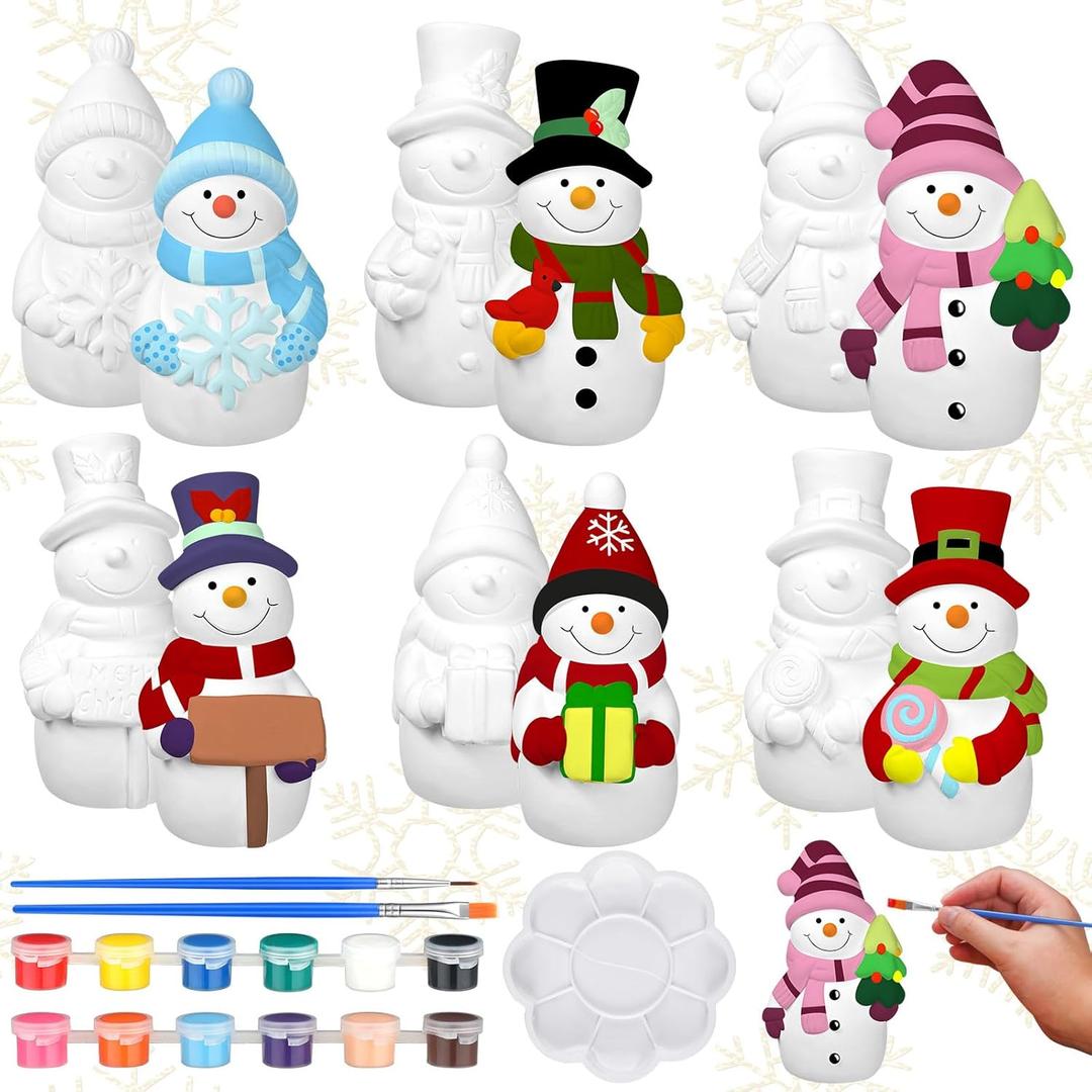 Eersida 6 Sets Winter Ceramics to Paint Ready to Your Own Ceramic Snowman Statues DIY Unpainted Paintable Winter Figurines Kit Crafts with Brush Palette for Christmas DIY