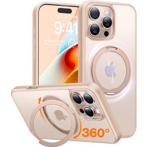 TORRAS 360Rotatable Magnetic for iPhone 16 Pro Case 6.3 inch, Fit for MagSafe 16 Pro Phone Case, 16FT Military Grade Shockproof, Flush Stand Ring, Translucent Slim Protective Ostand, Desert Titanium