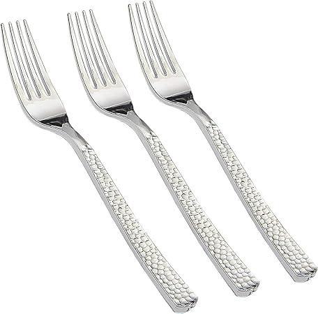 Supernal 300pcs Silver Plastic Forks, Premium Disposable Forks Polished, Special Hammered Design, Perfect for Big Party, Wedding and Any Catering Events, Perfect for Birthday, Party, Wedding