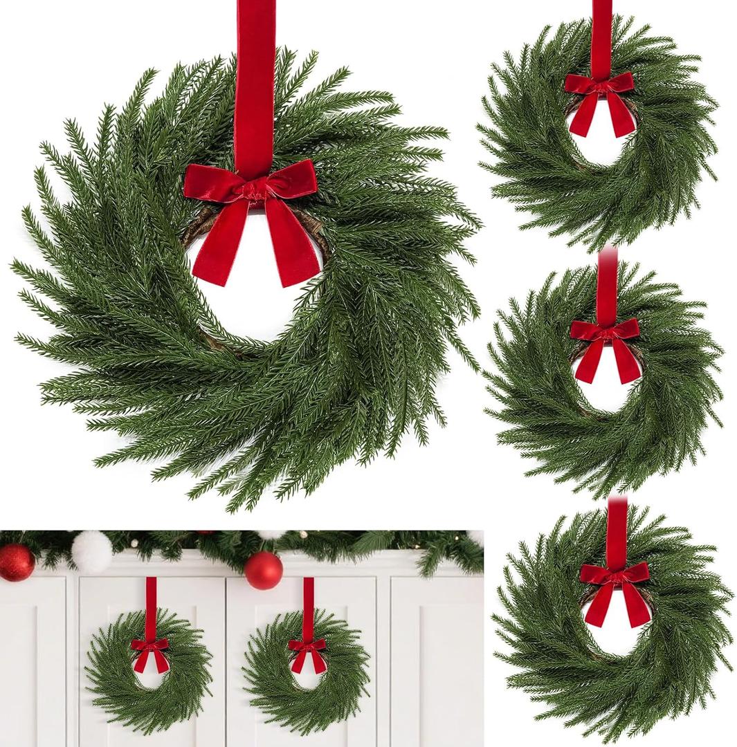 4 Pack 11 Inch Mini Christmas Wreath Small Christmas Kitchen Cabinet Wreaths with Red Velvet Bow Artificial Norfolk Pine Wreath Outdoor Christmas Wreaths for Windows Door Chairs Wall Stairs Home Decor