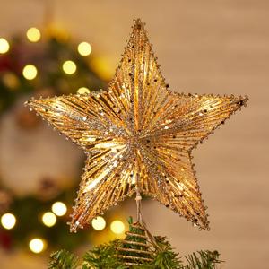 Christmas Star Tree Topper, Plug in 3D Star Tree Topper, 11Golden Glittered Metal Hollow Designed Built-in 10 Bulbs String Lights for Christmas Tree Decorations