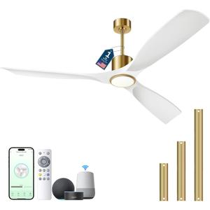 Ceiling Fans with Lights, Ceiling Fans with Lights and Remote Control, 52 inch Modern Smart White and Gold Ceiling Fan, Outdoor Ceiling Fans for Patios 3 Blade Bedroom FarmhouseWhite