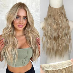 KooKaStyle Invisible Wire Hair Extensions with Transparent Wire Adjustable Size 4 Secure Clips Long Wavy Curly Secret Synthetic Hairpieces(20 Inch,Dark Ash Blonde mix Light Blonde Highlights)