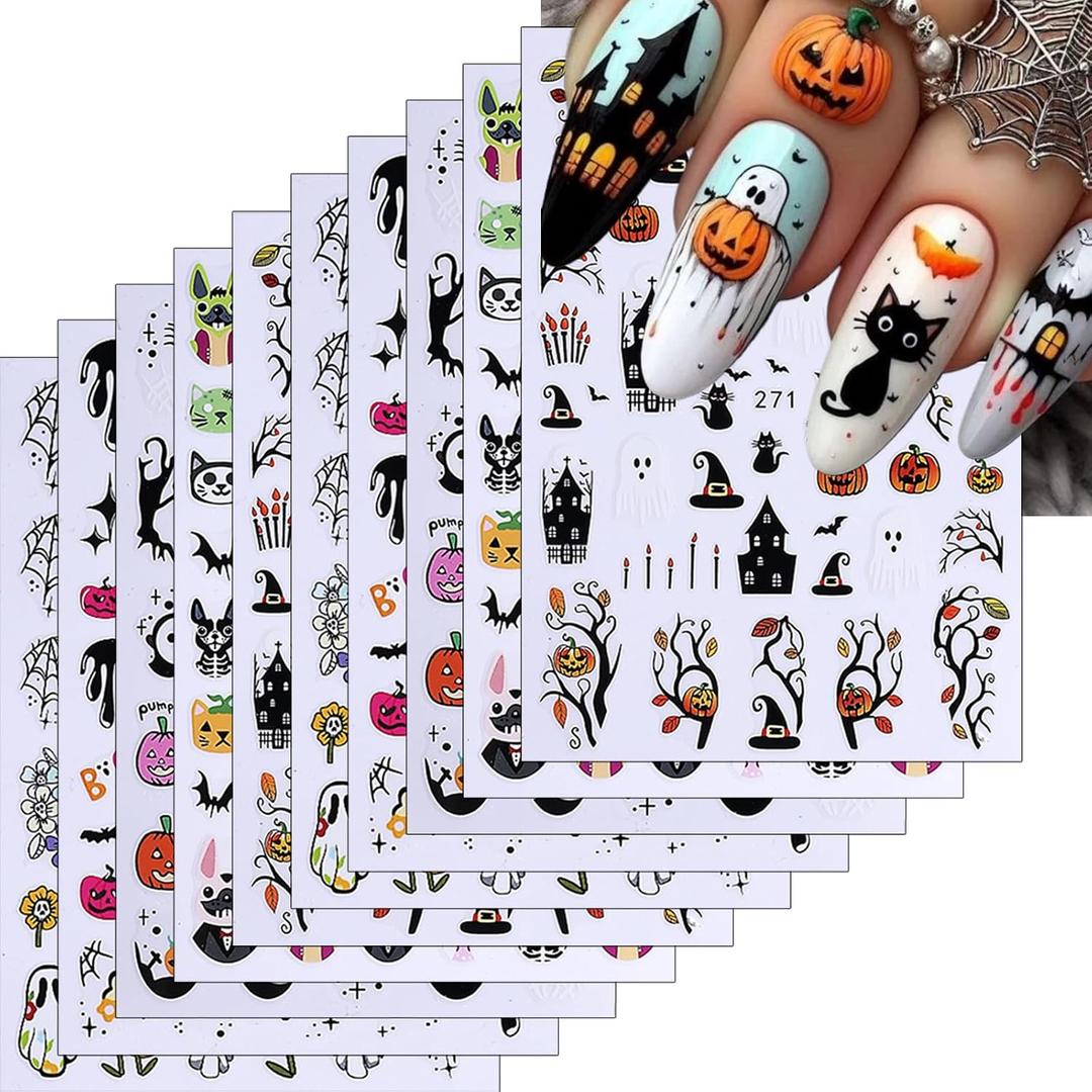 10Sheets Halloween Cute Cartoon Nails Art Stickers Ghost Mushroom Skull Pumpkin Nail Decals Black Cat Spider Bat Nail Supplies Colorful Rabbits Designs Nail Accessories for Women Manicure DIY Decor