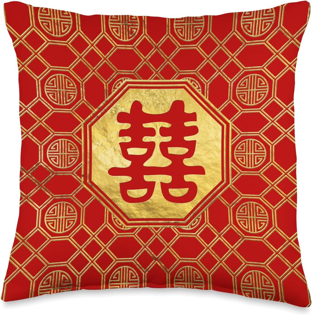 Double Happiness Feng Shui Symbol Throw Pillow (16x16)
