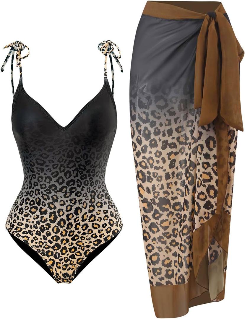 Womens One Piece Swimsuit with Cover Up Sarong Wrap Bathing Suits for Women Modest Swim Suits with Cover Up Set Retro Swimwear Slimming Two Piece Swimsuits Gradient Leopard Medium