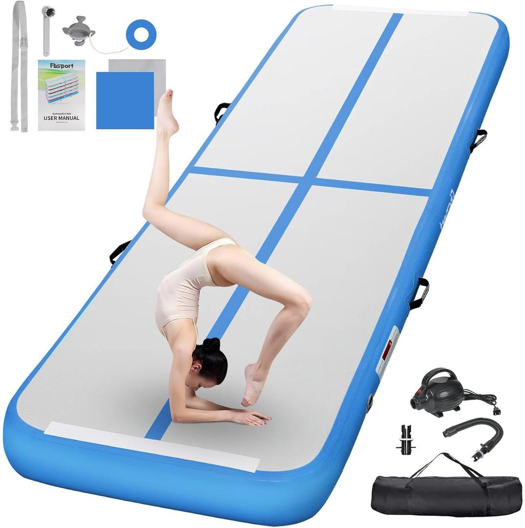 FBSPORT Inflatable Air Gymnastics Mat Training Mats 4 Thickness Gymnastics Tracks for Home Use/Training/Cheerleading/Yoga/Water with Pump (10ft*3.3ft*4in(3*1*0.1m), Blue)