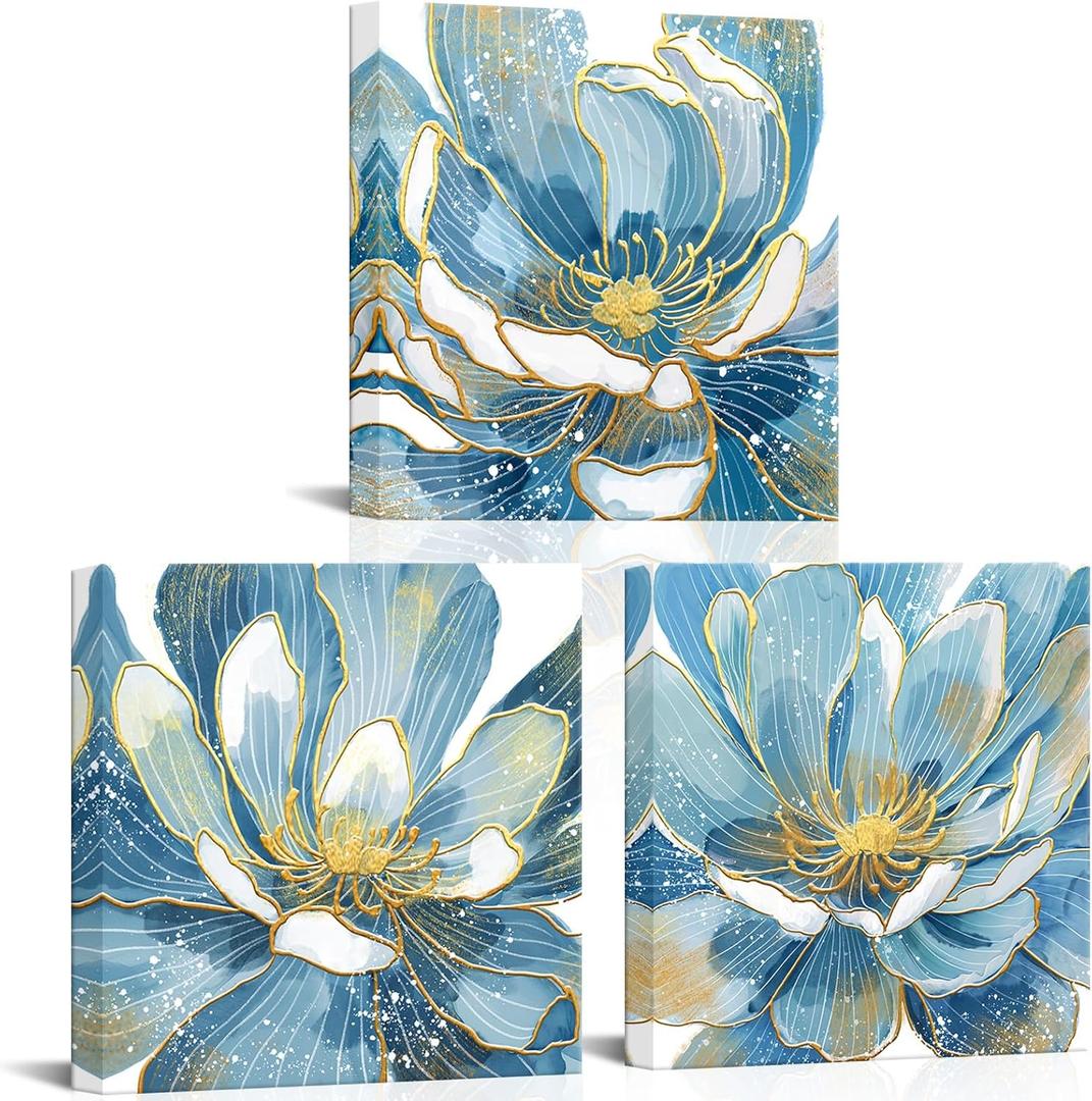 Blue Abstract Canvas Wall Art, 12"x12" Blossoming Floral with Gold Foil Prints - Set of 3 for Living Room, Bedroom, Bathroom