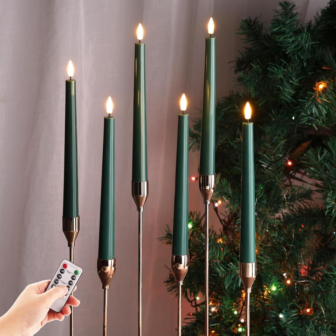 Eywamage Dark Green Flameless Taper Candles with Remote, Flickering Battery Operated LED Wax Candlesticks Set of 6