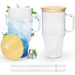 Glass Cups with Lids and Straws 20 oz Glass Tumbler with Straw and Lid 2 Pack Glass Tumbler with Handle Wide Mouth Iced Coffee Cups for Smoothies, Soda, Tea, with Bamboo Lids