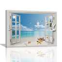 citari Beach Bathroom Canvas Wall Art, Coastal Palm Tree Pictures Wall Decor 3D Window Art Blue Sea Starfish Seagull Painting Print Tropical Ocean Decor Artworks Framed for Living Room Bedroom 16"x12"