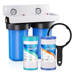 PUREPLUS 2-Stage Whole House Water Filtration System, Reduces Chlorine, Odor, Heavy Metals, Iron, Manganese, 10"x4.5" Housing, 1" Inlet/Outlet, PP Sediment & RFN Iron Filter, Pressure Gauges Included