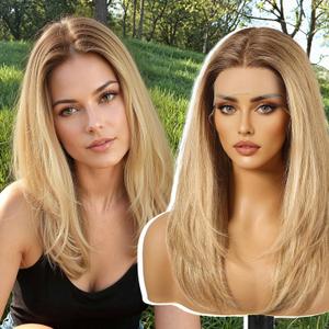 Natural Blonde Human Hair Wigs,13X5X1 Glueless Shoulder Length Layered Lace Front Wig for White Women,Fiber & Remy Human Hair Blend for Daily Use 18IN (Brown Golden)