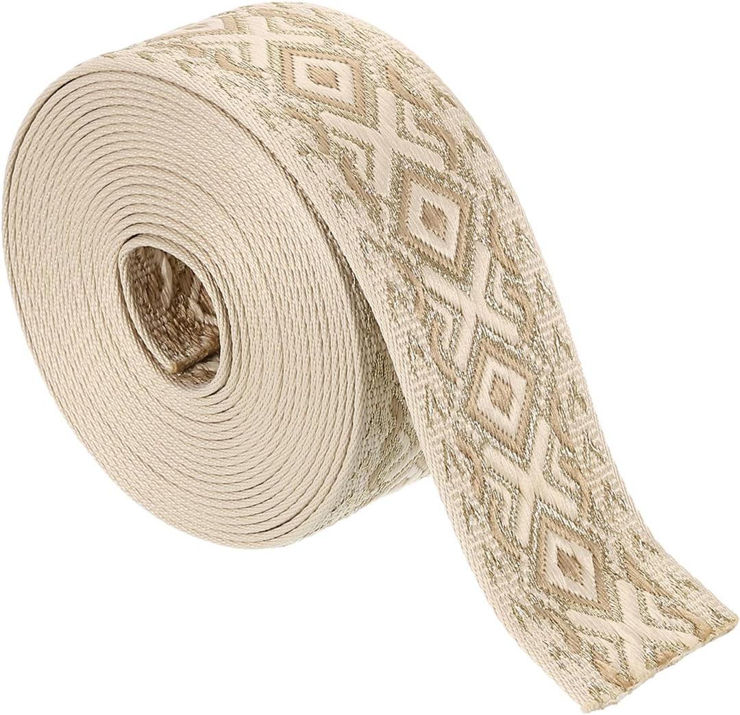 uxcell 5 Yards Cotton Webbing Strap, 2-inch(50mm) Jacquard Webbing Ribbon Embroidery Polyester Webbing Straps Purse Strap Belt for Purse Bag Crafts Clothing, Khaki-Gold