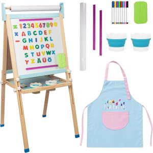 Kids Wooden Easel with Paper Roll, Adjustable Magnetic Double Sided Drawing Board Whiteboard & Chalkboard Dry Easel Board, Children Art Easel for 3-12 Years Kids Boys Girls Painting Drawing (Blue)