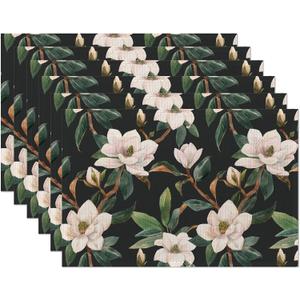 White Magnolia Flowers Placemats Set of 6,Waterproof Non-Slip Washable Table Mats Set for Kitchen Dining Holiday Party Wedding Decor 12x18 Inch