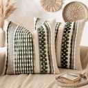 ANRODUO Pack of 2 Boho Decorative Throw Pillow Covers 18x18 Farmhouse Cushion Case Striped Chenille Pillow Cases Square Pillow Covers Accent Neutral Pillowcase for Sofa Couch Bed, Olive Green Stripe