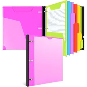 INFUN All-in-one Telescoping Binder Notebook, Refillable 3 Ring Notebook Binder with 1 Plastic Movable Pocket Folder,5 Plastic Subject dividers and Graph Paper and College Ruled Paper- Pink