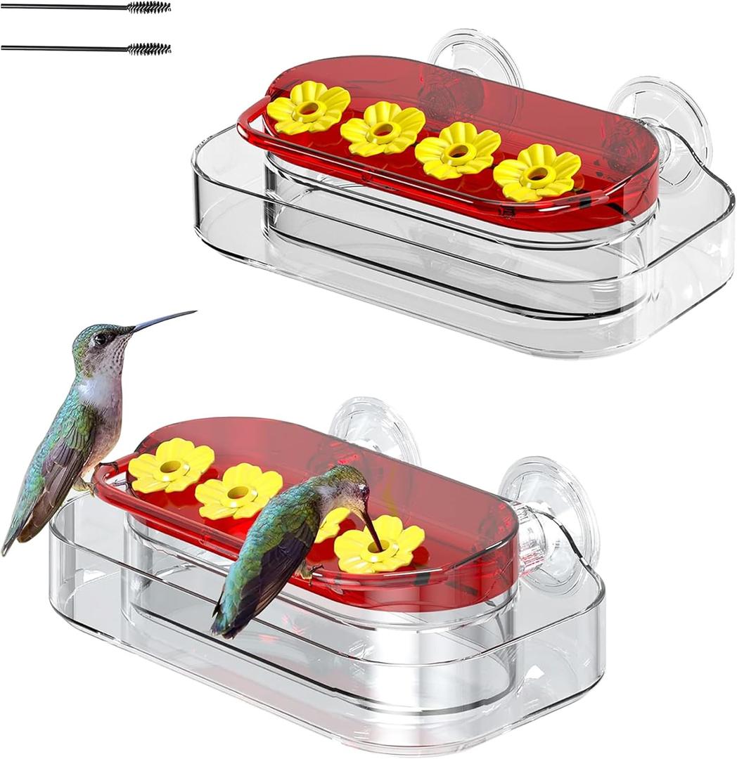 Window Hummingbird Feeder for Outdoors, 4 Bee-Proof Feeding Ports, Leak-Proof 10 oz Nectar Reservoir, Built-in Ant Moat, Strong Suction Cups for Up-Close Bird Watching, Easy to Clean (2 Pack)