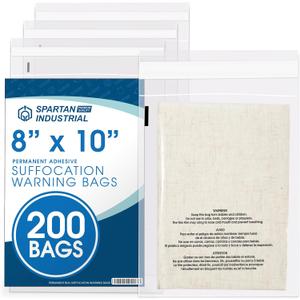 Spartan Industrial - 8 X 10 (200 Count) Self Seal Clear Poly Bags with Suffocation Warning for Packaging, Clothing, and Fulfillment - Permanent Adhesive