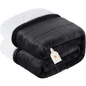 Heated Blanket Electric Blanket Queen Size Soft Flannel Sherpa, 6 Heat Levels Fast Heating, 2 to 10 Hours Auto-Off Detachable Controller Machine Washable, Grey 84"x90" Black