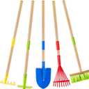 Theefun Kids Garden Tool Set: Safe Toddler Size Hoe, Rake, Shovel, Leaf Rake, Broom 5-Piece Kids Gardening Tools with Wooden Handle and Metal Head for Child Christmas Outdoor Toys Gift for Boys Girls