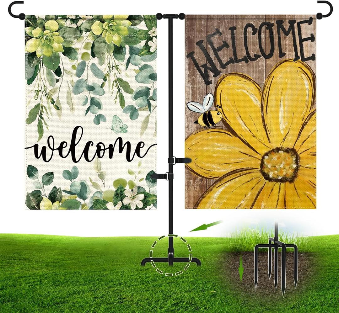 Garden Flag Pole Holder with 5-Prong Base – Heavy Duty Metal Outdoor Stand with Powder-Coated Finish, Clip & Stopper for Double Flags, Yard Decor Display