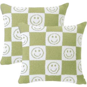 Pack of 2 Ultra Soft Cozy Happy Smiling Face Checkered Knitted Throw Pillow Cover Fluffy Microfiber pillocase Decorative for Sofa Bed 18 Inches Both Sides (Green)
