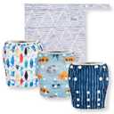 Nora's Nursery Reusable Swim Diapers and Wet Bag - One Size Fully Adjustable - Seaside Unisex 3 Pack with Wet Bag