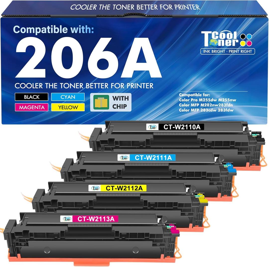 206A Toner Cartridges 4 Pack M283fdw M283cdw Set Compatible for HP 206A 206X 206 Color LaserJet Pro MFP M255dw M283 M255 M255nw Printer High Yield Ink (with Chip) (Black Cyan Yellow Magenta)