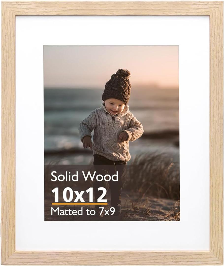 KINLINK 10x12 Picture Frame, Natural Solid Wood Frame with Acrylic Plexiglass for 7x9 with Mat or 10x12 without Mat, Tabletop and Wall Mounting Display Photo Frame 1 Pack