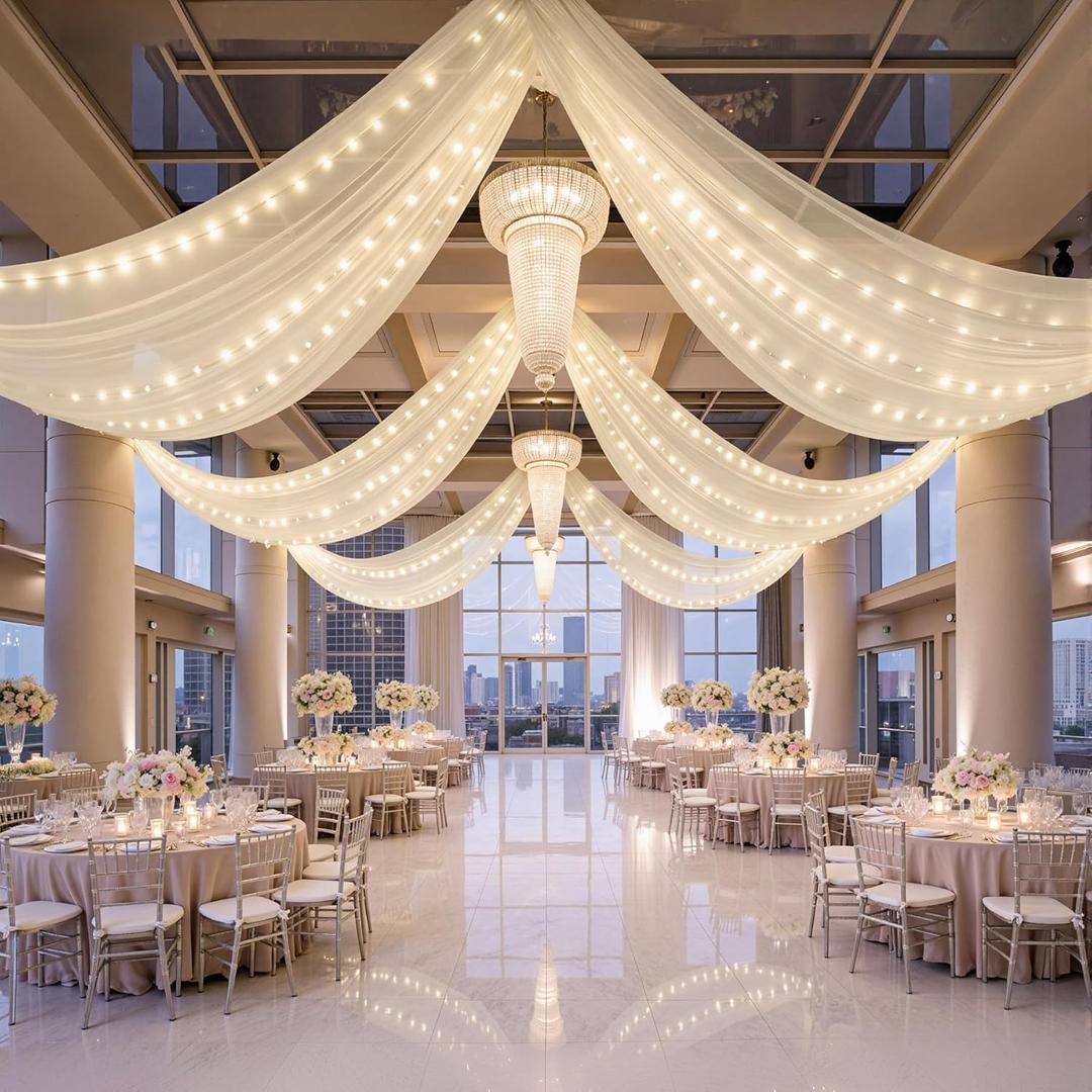 6 Panels Beige Ceiling Curtains with Lights for Weddings - 5ftx10ft Wrinkle-Free Tulle Fabric Wedding Arch Draping Ceiling Drapes Decorations for Wedding Party Ceremony Stage Tent Event