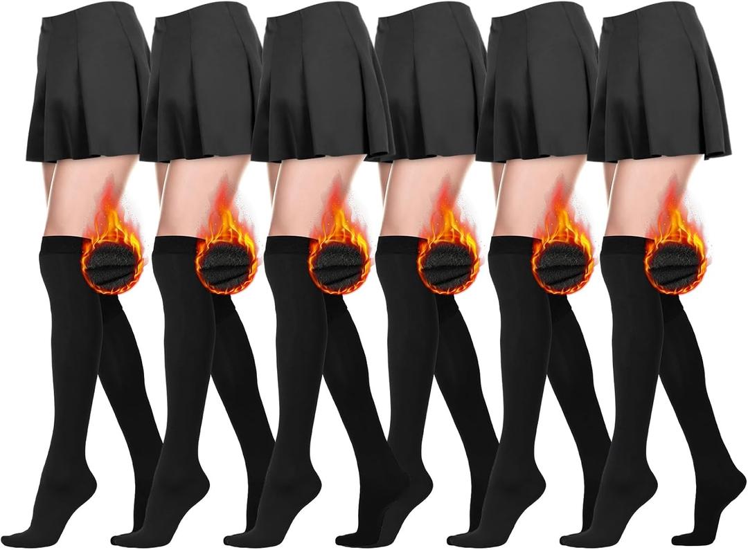 4 x Toulite 6 Pairs Fleece Lined Thigh High Socks Warm Thick Elastic over Knee Leg Warmers for Women Boot Stocking for Winter (Black)