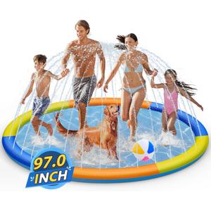 Splash Pad Sprinkler for Kids, Extra Large Non-Slip Baby Play Mat, Dog Pool Toys, Toddler Outdoor Toys for Ages 3-12 Boys Girls, Summer Outdoor (Yellow-Orange-Light Blue-Dark Blue, 97 inch)