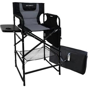 Tall Folding Directors Chair with Side Table 30.71" Seat Height Foldable Camping Chair Bar Stool for Makeup Artist Face Painting with Footrest and Storage Pocket Supports 350LBS (Black)