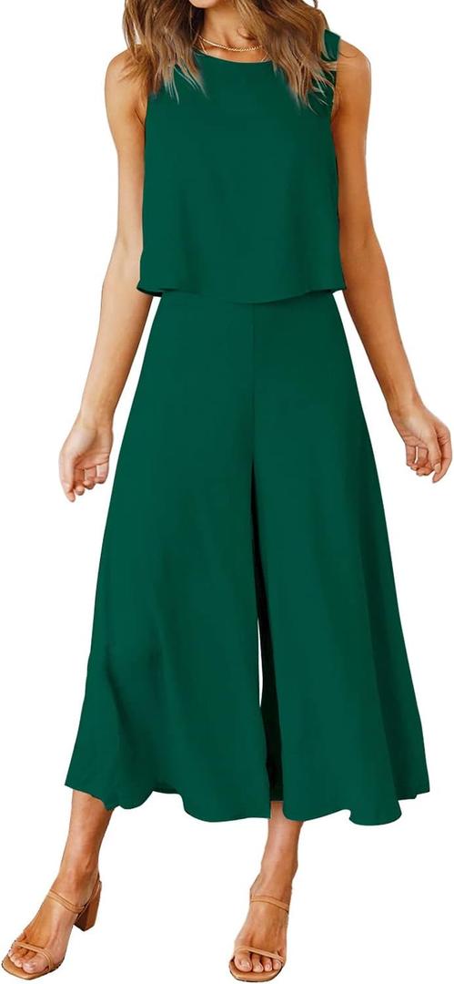 ROYLAMP Women's Summer 2 Piece Outfits Round Neck Crop Basic Top Cropped Wide Leg Pants Set Jumpsuits, XXL